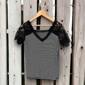 Women's Black and White Striped T-Shirt with Lace Short Sleeves